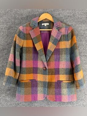 CAbi Womens Plaid 3/4 Sleeve Wool Blend Blazer Jacket Size 8 Multicolor Office